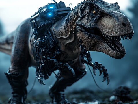 A futuristic robotic dinosaur combines technology and nature in a striking blend of modern and prehistoric elements.