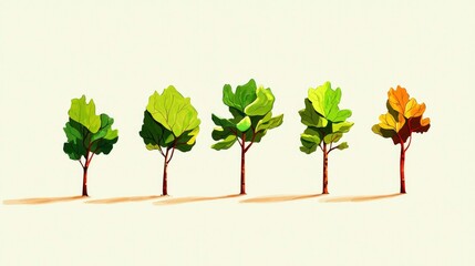 Fototapeta premium Five Trees in a Row Showing Stages of Autumn Color Change