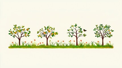 Fototapeta premium Four Trees and Bird in a Row