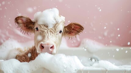 A cute cow sits in a bathtub with plenty of foam on his head
