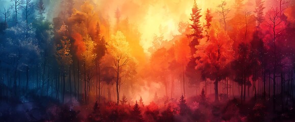 Fototapeta premium Abstract painting of a forest with vibrant colors of red, orange, and blue.