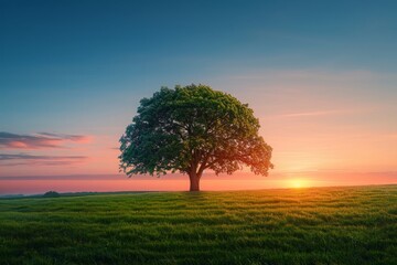 Fototapeta premium Lonely Big Oak Tree Standing Proudly Against a Clear, Colorful Dawn Sky. Minimalist Landscape with Expansive Green Grass Foreground and a Serene, Vibrant Sky in the Background.