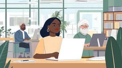 "Diverse Group of Employees Working on Different Tasks in a Modern Office, Symbolizing the Implementation of Diversity Policies"