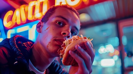 A person eating a fast food in establishment decorated with neon lights