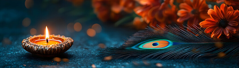 Obraz premium Diya and Peacock Feather Border concept as Horizontal frame with a lit diya on one side and a peacock feather on the other creating an elegant and symbolic Dussehra themed copy space focusing on beaut