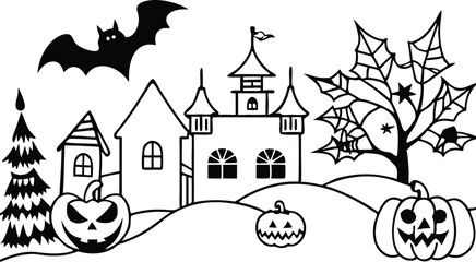 Silhouettes for the Halloween Vector illustration. Ghost, Pumpkin head with baseball bat, Cat with knife. Halloween concept. white background