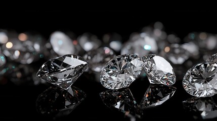 Diamond Sparkle: A captivating close-up of brilliant diamonds scattered on a reflective black surface, their facets catching the light in a dazzling display of luxury and elegance.