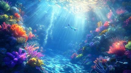 Fototapeta premium Underwater world with mermaids exploring coral gardens and sunlight shining through the water Vivid fantastical with vibrant colors fluid shapes realistic 3D marine life