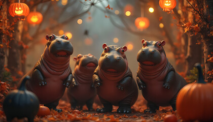 a group of hippopotamus hippopotamus stand in a festive display of candy canes, candy canes, and spooky halloween decorations. The air is thick with the scent of freshly baked caconos and candy canes,