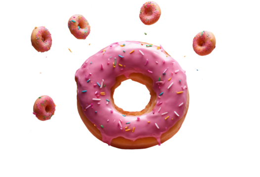 Donut glazed with pink icing and sprinkles floating in air on a transparent background Flying doughnuts