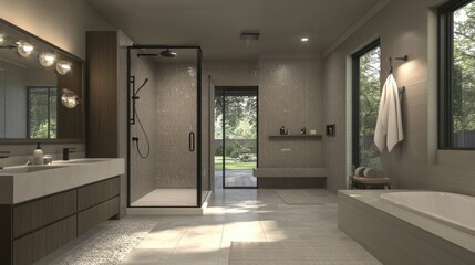 Serene Modern Bathroom Design: A luxurious and minimalist bathroom interior showcasing a frameless glass shower, sleek vanities, and a tranquil atmosphere.