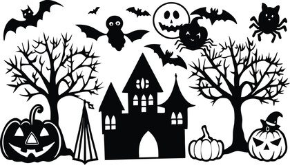 Silhouettes for the Halloween Vector illustration. Ghost, Pumpkin head with baseball bat, Cat with knife. Halloween concept. white background