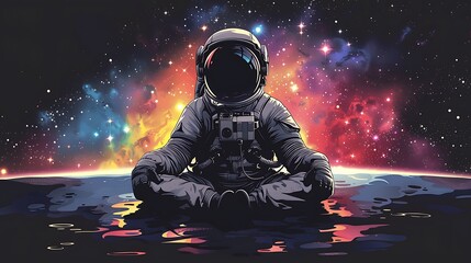 An astronaut sits in a meditative pose against a backdrop of a colorful nebula.