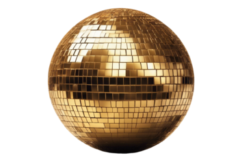 Golden disco mirror ball isolated on transparent background