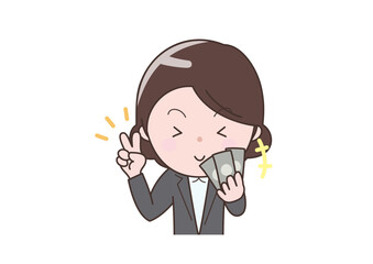 札束をもって喜ぶビジネスウーマン