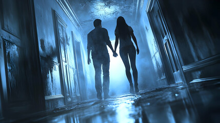 3D Candid Couple on a Haunted House Tour concept as A candid shot of a couple holding hands nervously exploring a haunted house. The scene captures their fear and excitement perfect for ads promoting 