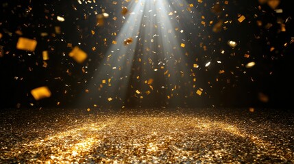 Naklejka premium Golden Confetti Falling Under a Spotlight onto a Glittering Surface