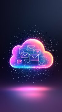 Neon-colored cloud with floating email icons representing cloud computing, email servers, and digital communication in a futuristic setting.