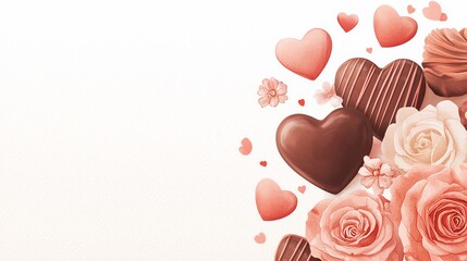 Romantic Valentine background with chocolate hearts and roses on a light backdrop. Ideal for love, celebration, and special occasions.