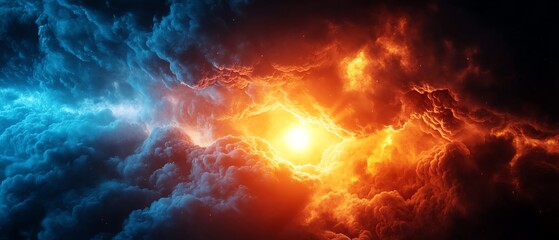 Fototapeta premium A stunning image depicting a cosmic collision of fiery red and cool blue clouds in a dramatic celestial landscape.