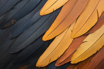 Obraz premium A close-up view of colorful feathers showcasing various textures and shades, perfect for nature and wildlife themes.