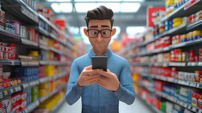 3D Shopper on Phone Comparing Deals concept as Candid shot of a shopper in a store looking at their phone to compare deals capturing the tech savvy and strategic approach to Black Friday shopping. as 