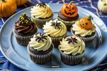 Close-up shot of beautifully decorated Halloween cupcakes in vibrant colors, featuring themes like witches, bats, and skulls, arranged neatly on a luxurious porcelain plate