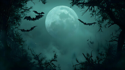 Fototapeta premium 3D Bat and Full Moon Border with Nightfall Text concept as A dark and eerie border frame featuring bats and a full moon at the edges with the word Nightfall in a sleek mysterious font. The design incl