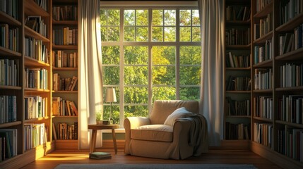 Sunlit Sanctuary: A cozy reading nook bathed in golden sunlight, featuring a comfortable armchair nestled between expansive bookshelves filled with countless stories.
