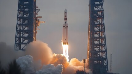 Obraz premium A rocket blasts off from a launch pad, leaving a trail of smoke and fire. The rocket is surrounded by two tall towers, and the sky is a hazy gray.