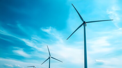 Fototapeta premium Closeup image of a modern wind farm with multiple wind turbines generating renewable energy against a clear blue sky with copy space and isolate background