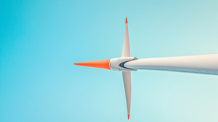 Closeup view of a single wind turbine blade rotating against a clear blue sky with ample copy space  Renewable energy and clean technology concept