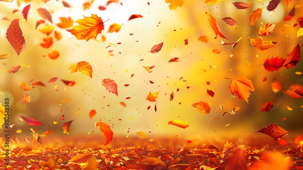Poster a beautiful autumn scene with leaves falling from trees