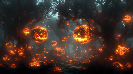 3D Glowing Abstract Haunted Forest concept as A dynamic glowing abstract digital art depicting a haunted forest with eerie glowing trees and floating orbs. The scene is ideal for Halloween ads promoti