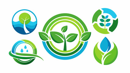 Eco-Friendly Emblems Symbols of Sustainability. circle leaves ecology logo plant water sphere Set of round icon symbol vector design.