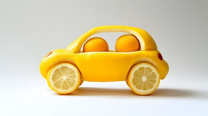 Innovative Compact Car Design Crafted from Lemon with Apricot Wheel Elements on Isolated Studio Background  Eco Friendly Sustainable and Unique Automotive Concept