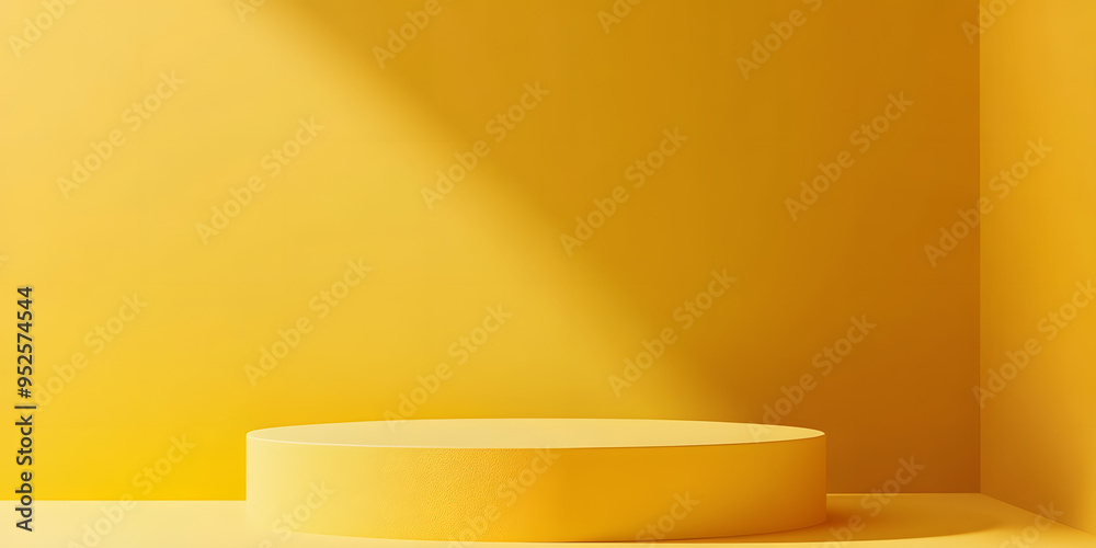 Sticker Empty yellow product podium display 3d room background with minimal pedestal show stand modern platform abstract light shadow showroom presentation backdrop cosmetic template geometric summer shelf.