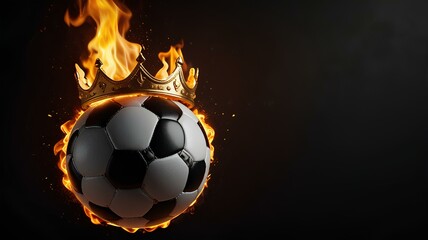 Naklejka premium Flaming soccer ball with golden crown on black background. Epic goal, winner.