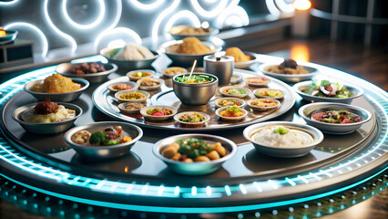 3D Abstract glowing design of a digital book with Labh Pancham wisdom concept as An abstract digital art banner featuring a glowing digital book with pages filled with Labh Pancham wisdom. The book is