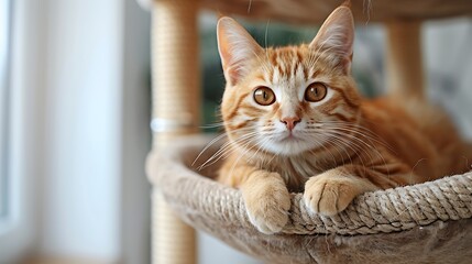 Adorable ginger cat relaxing on a cat tree, looking at the camera with big, curious eyes.
