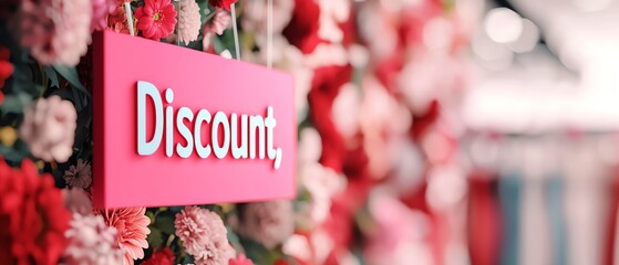A vibrant display showcasing a 'Discount' sign with a beautiful floral background, perfect for advertising promotions or sales events.