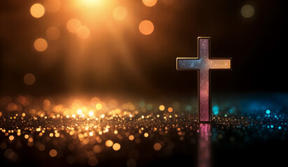 Warm tones holographic glowing Christian cross with copy space.