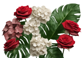 Red rose and hydrangea flowers with tropical green leaves Monstera and palm isolated on transparent