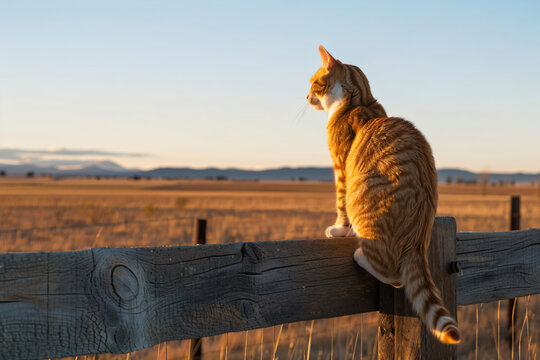a cat sitting on a fence looking out at the field - Powered by Adobe