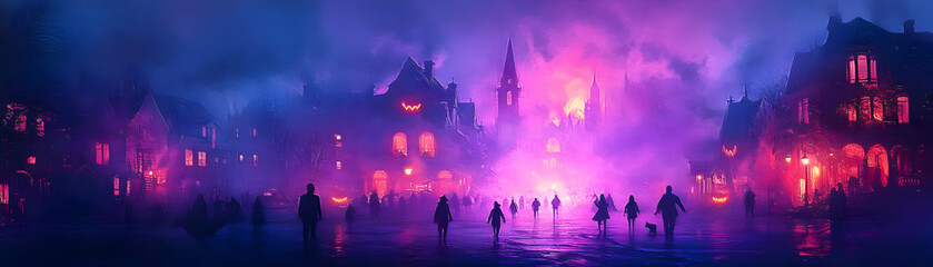 Naklejka premium Glowing Abstract Trick or Treating concept as A dynamic glowing abstract digital art depicting children trick or treating in a neon lit neighborhood. The scene captures the energy and excitement of Ha