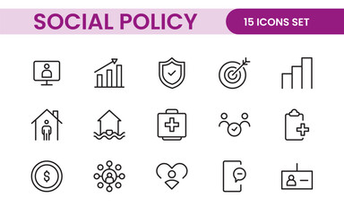 Set of Social Policy and Insuranceline icons. Outline icon collection related to education, insurance, law, goverment and more.