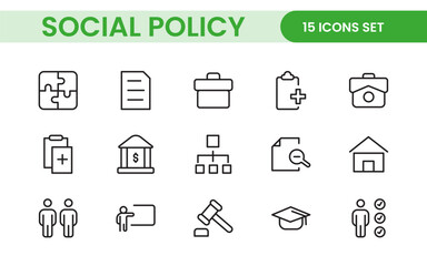 Set of Social Policy and Insuranceline icons. Outline icon collection related to education, insurance, law, goverment and more.