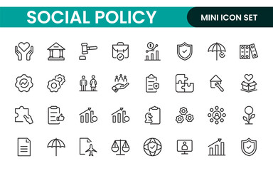 Set of Social Policy and Insuranceline icons. Outline icon collection related to education, insurance, law, goverment and more.