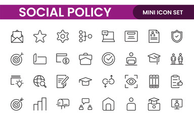 Set of Social Policy and Insuranceline icons. Outline icon collection related to education, insurance, law, goverment and more.