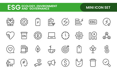 ESG flat line icon set. Outline icon collection related to ecology, environment social governance, risk management, sustainable developmen and more.